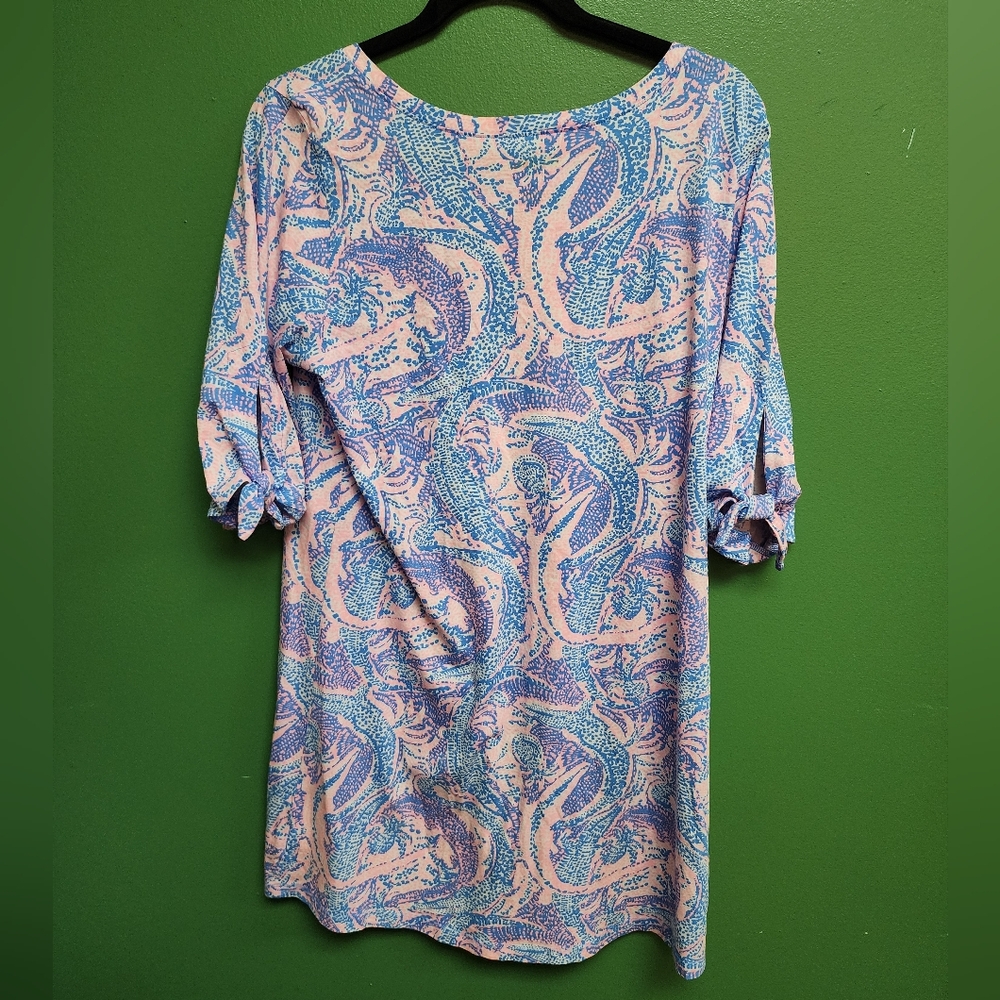 Lilly Pulitzer Pink & Blue Printed Shift Dress Size L Tie Sleeve - Picture 3 of 3
